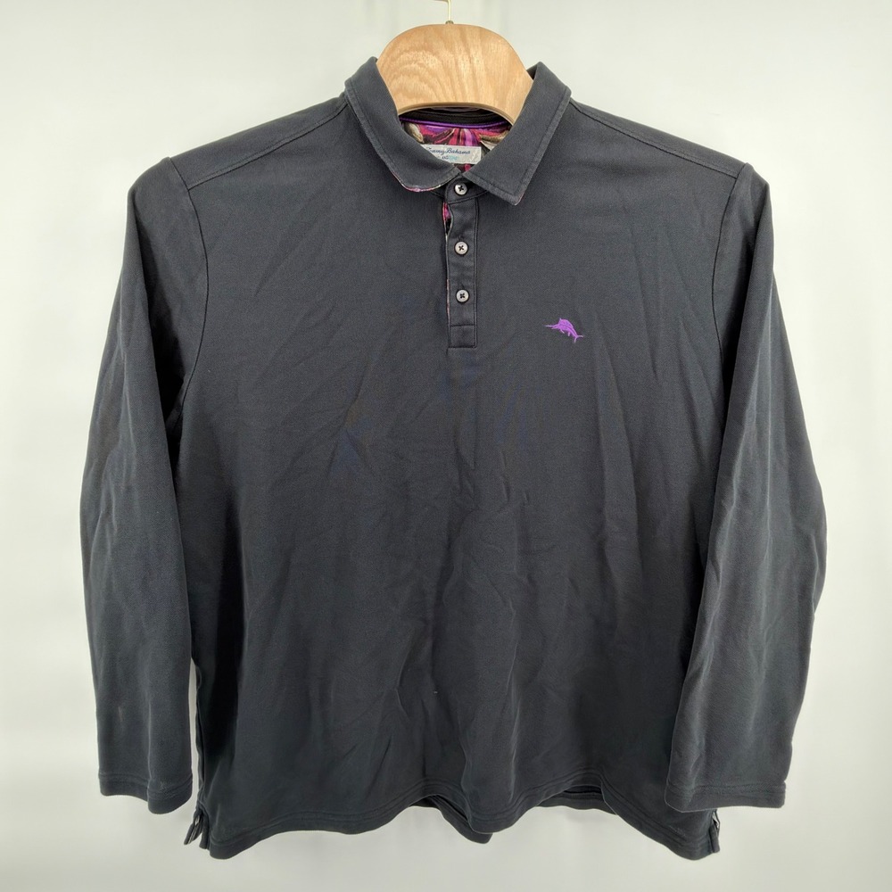 Tommy Bahama IslandZone Mens Polo Shirt 3XL Black Long Sleeve Floral Trim Cotton